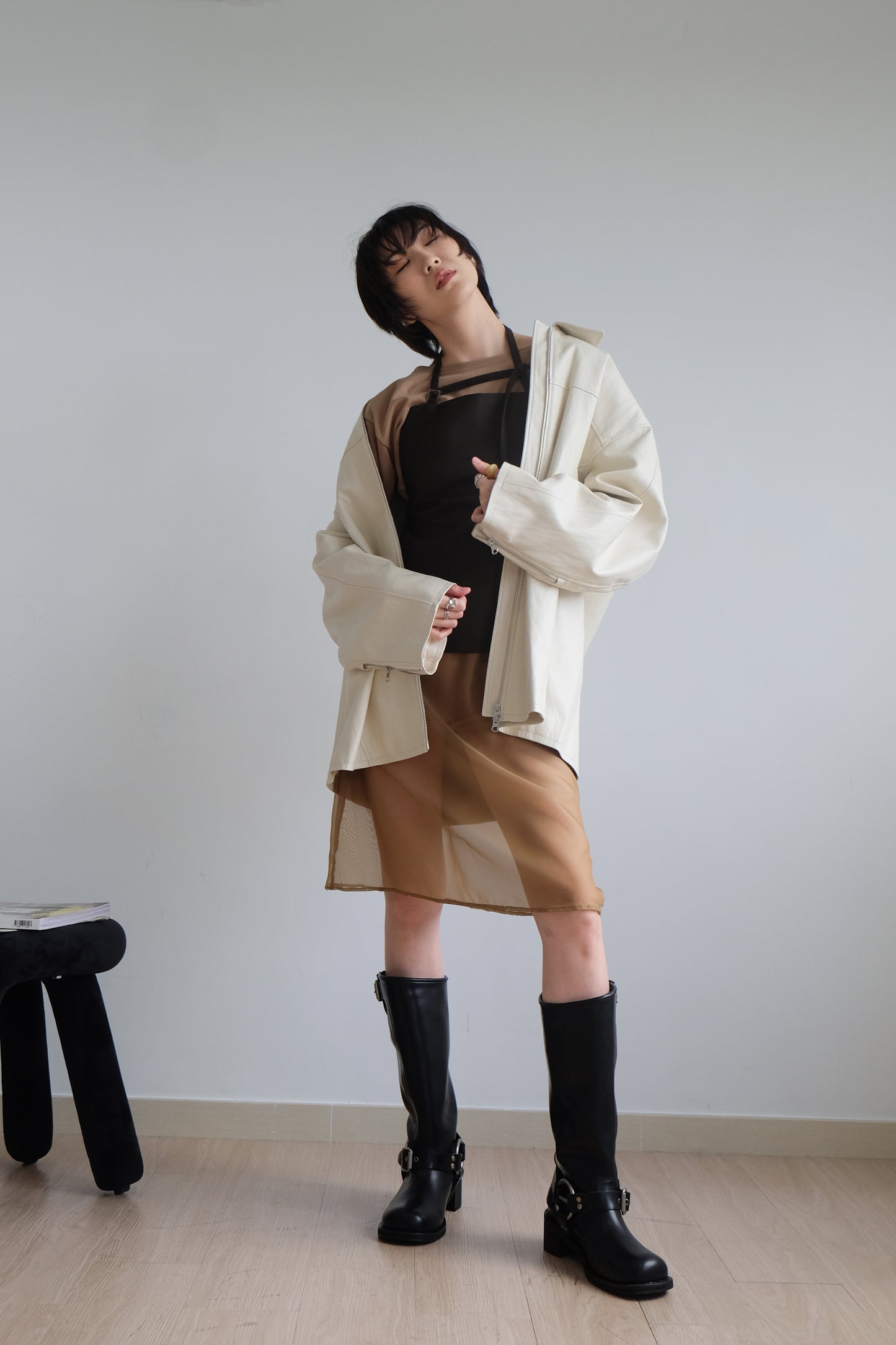 ✨推！Minimal Zips PU Leather Jacket (Cream)