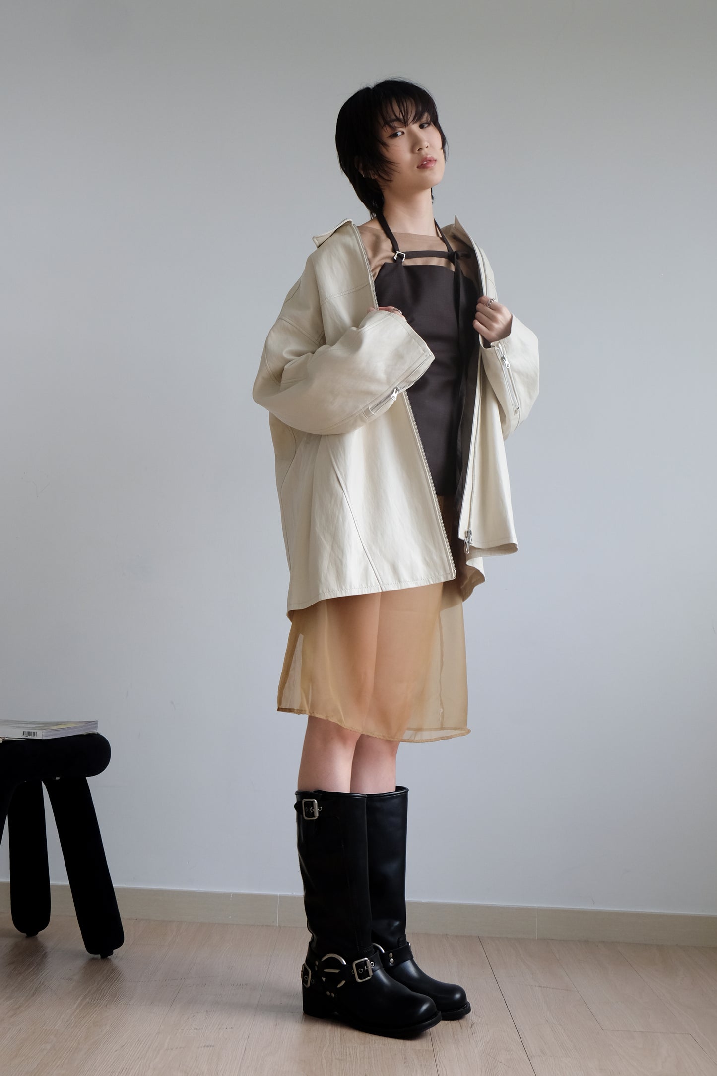 ✨推！Minimal Zips PU Leather Jacket (Cream)