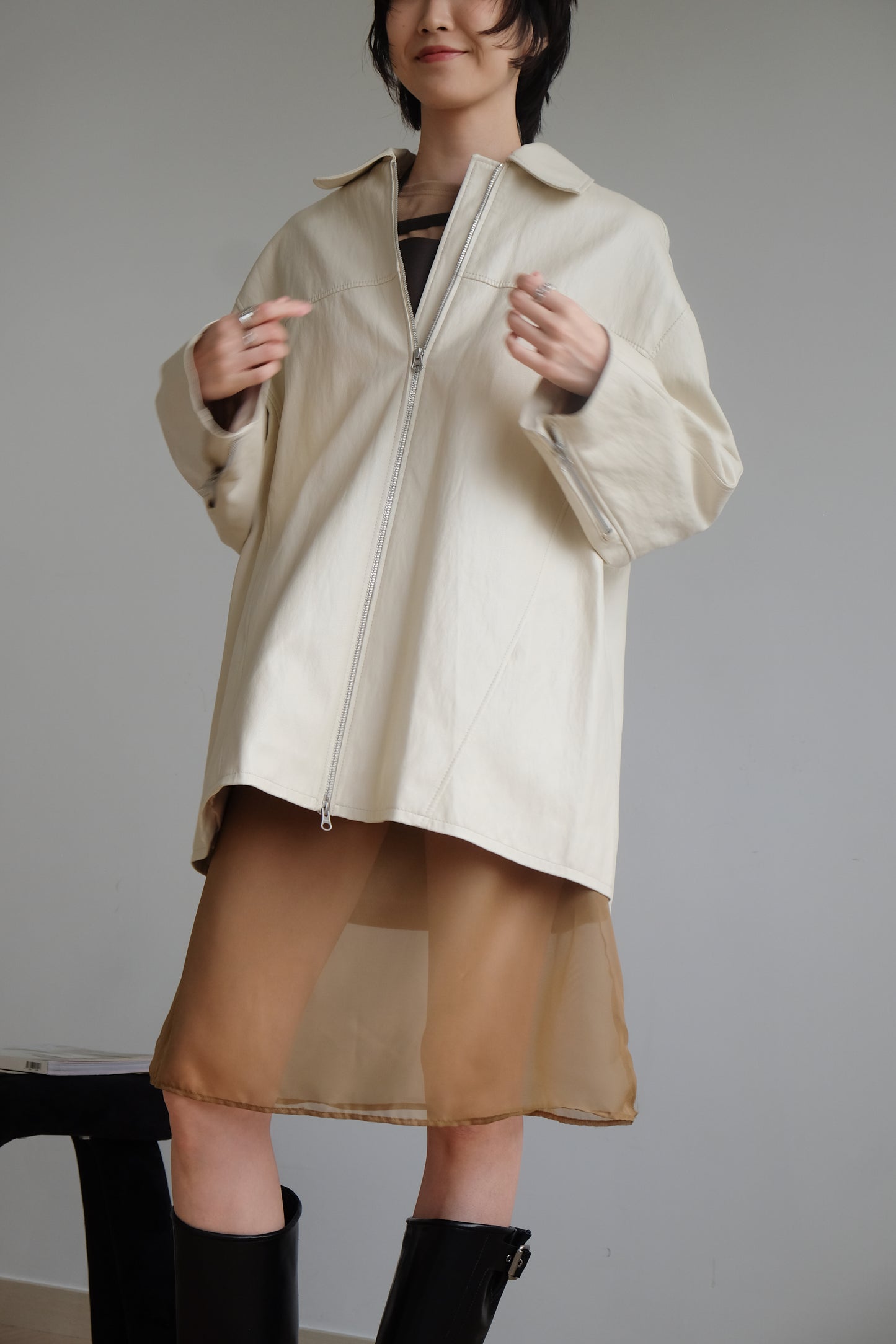 ✨推！Minimal Zips PU Leather Jacket (Cream)