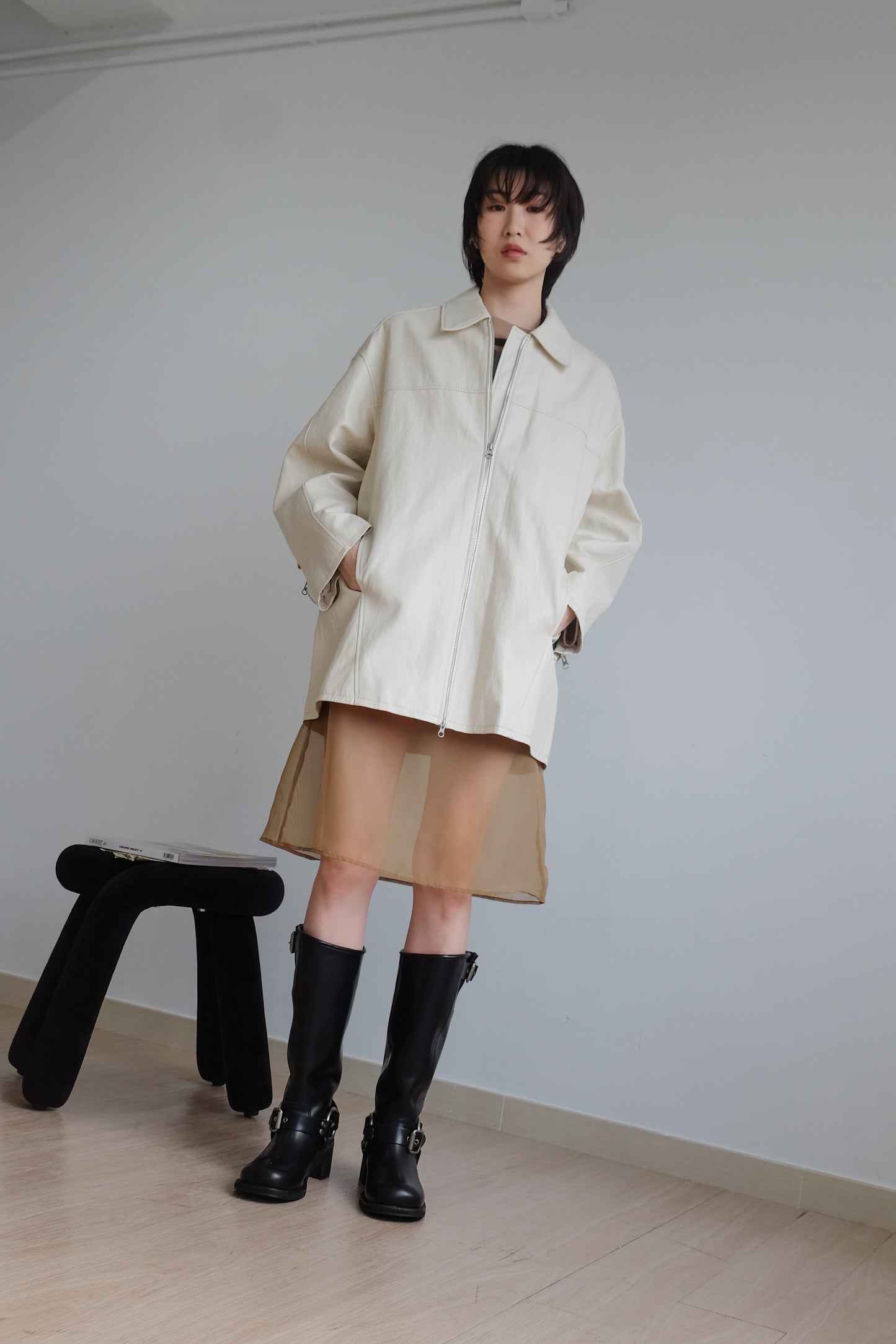 ✨推！Minimal Zips PU Leather Jacket (Cream)