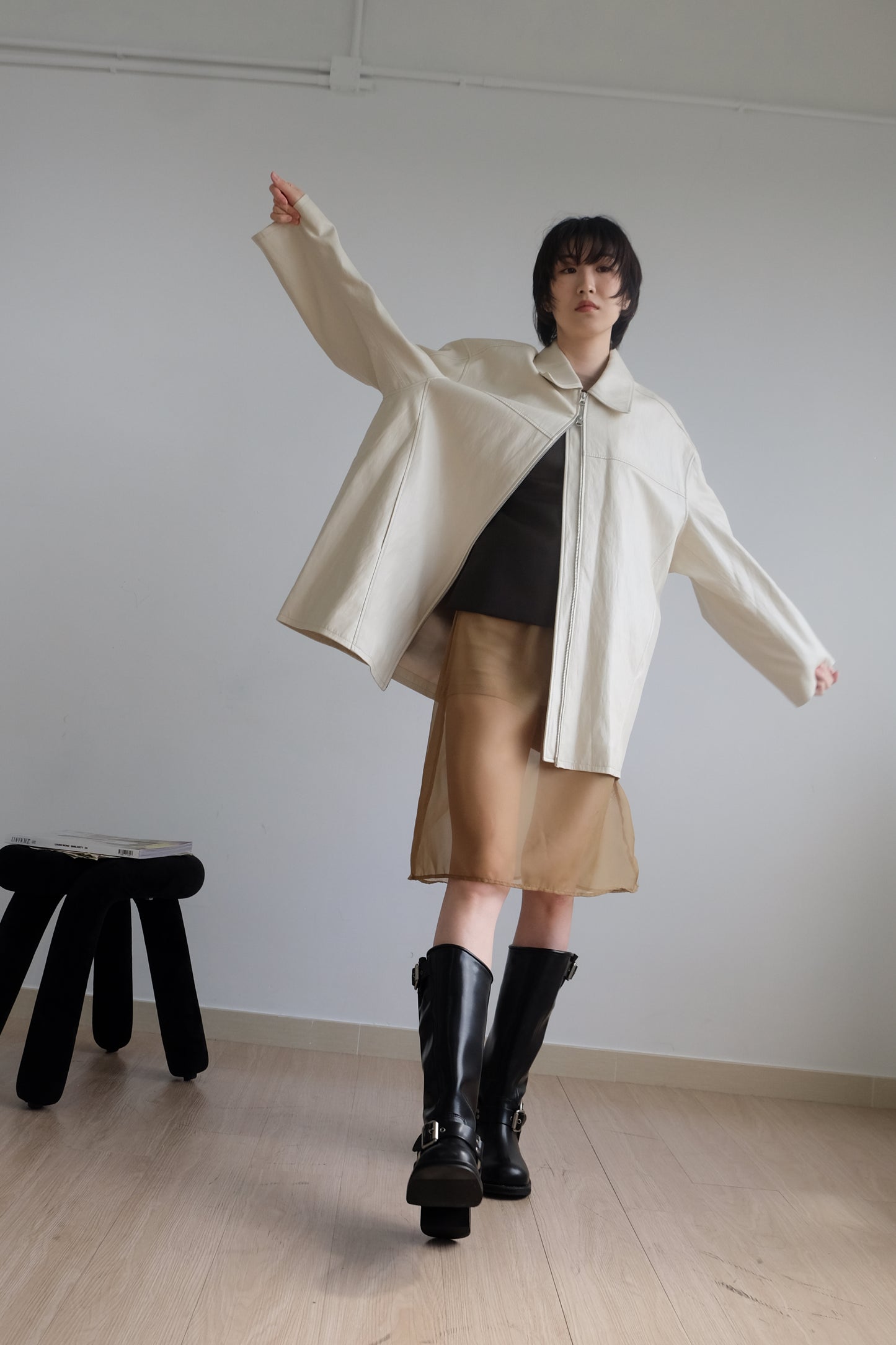 ✨推！Minimal Zips PU Leather Jacket (Cream)