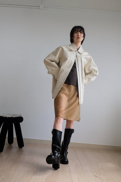 ✨推！Minimal Zips PU Leather Jacket (Cream)