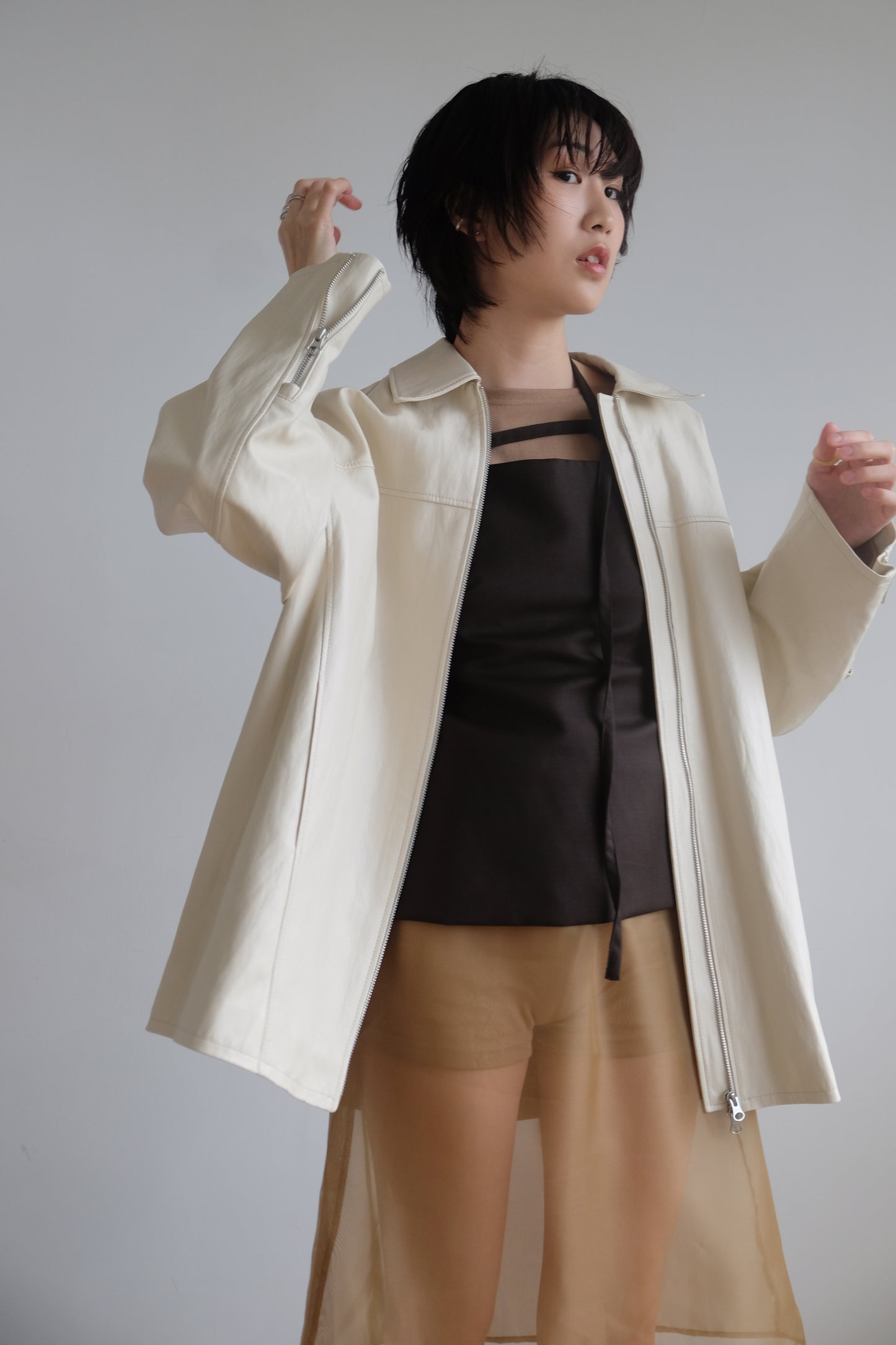 ✨推！Minimal Zips PU Leather Jacket (Cream)