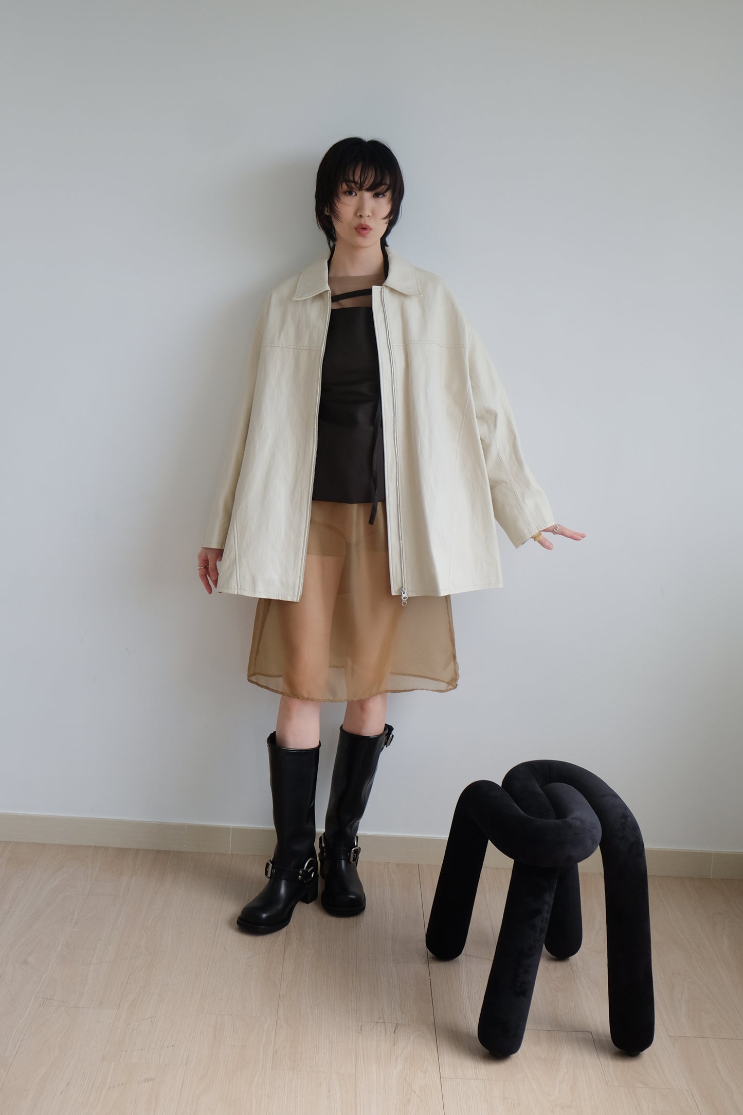 ✨推！Minimal Zips PU Leather Jacket (Cream)