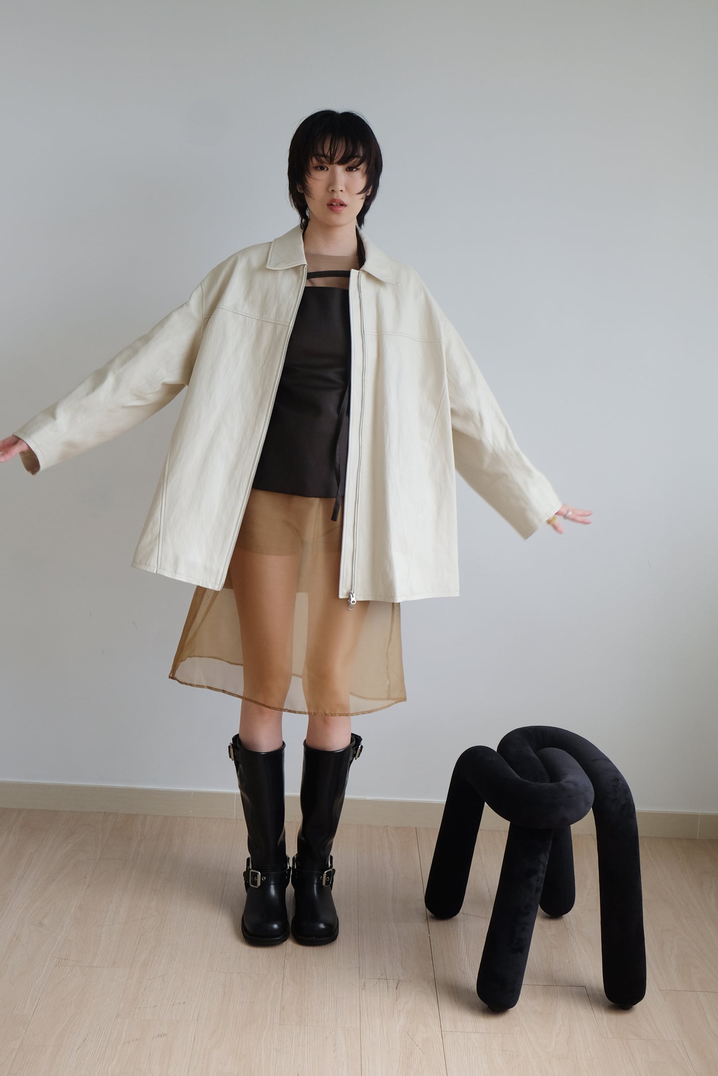 ✨推！Minimal Zips PU Leather Jacket (Cream)
