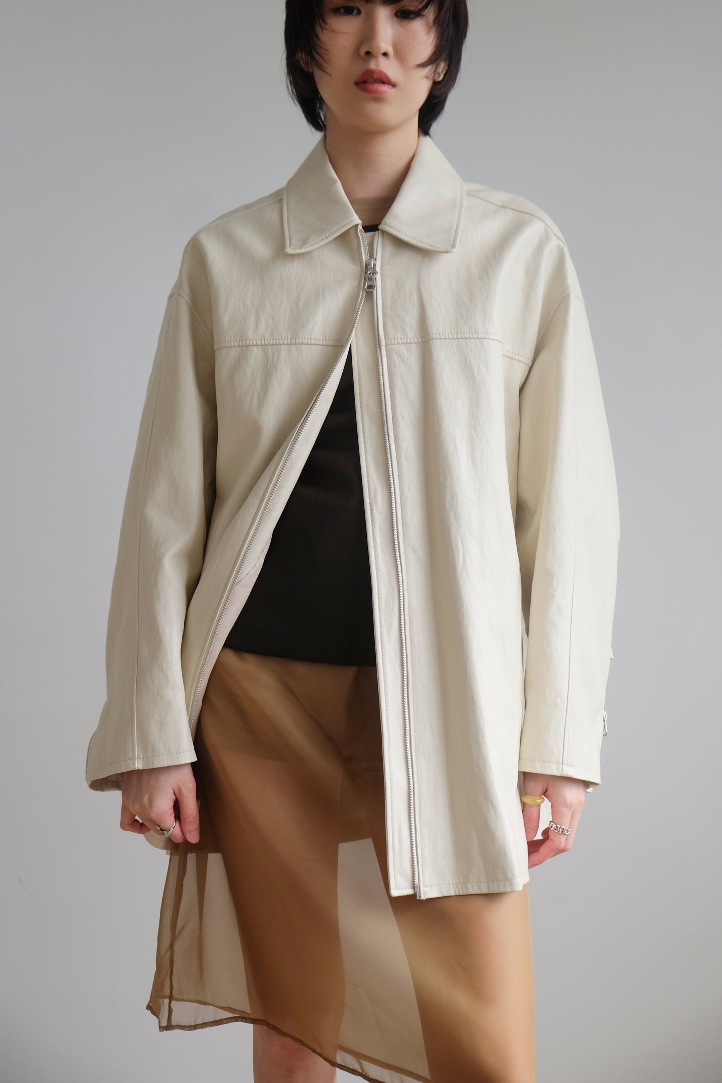 ✨推！Minimal Zips PU Leather Jacket (Cream)