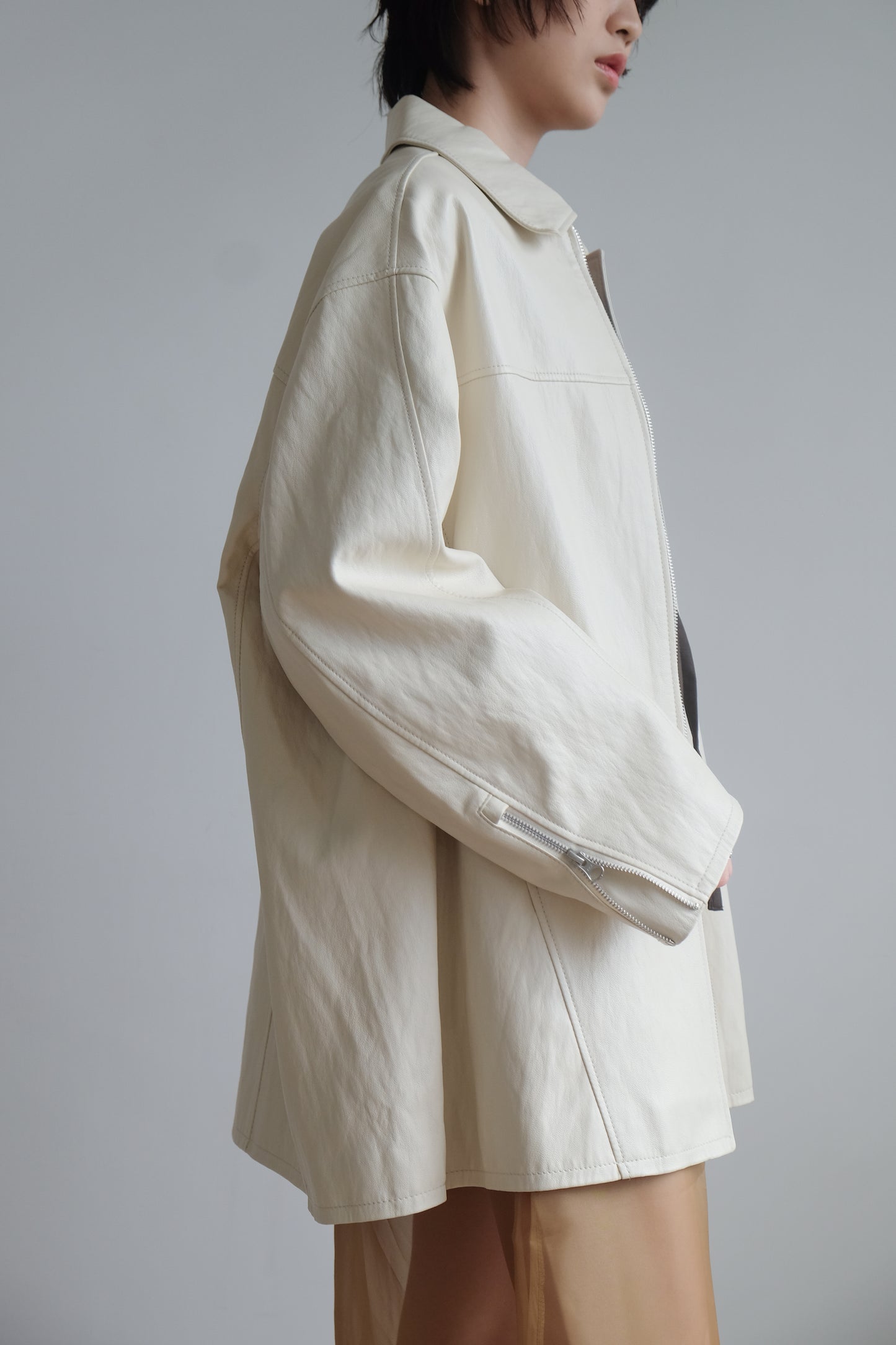 ✨推！Minimal Zips PU Leather Jacket (Cream)