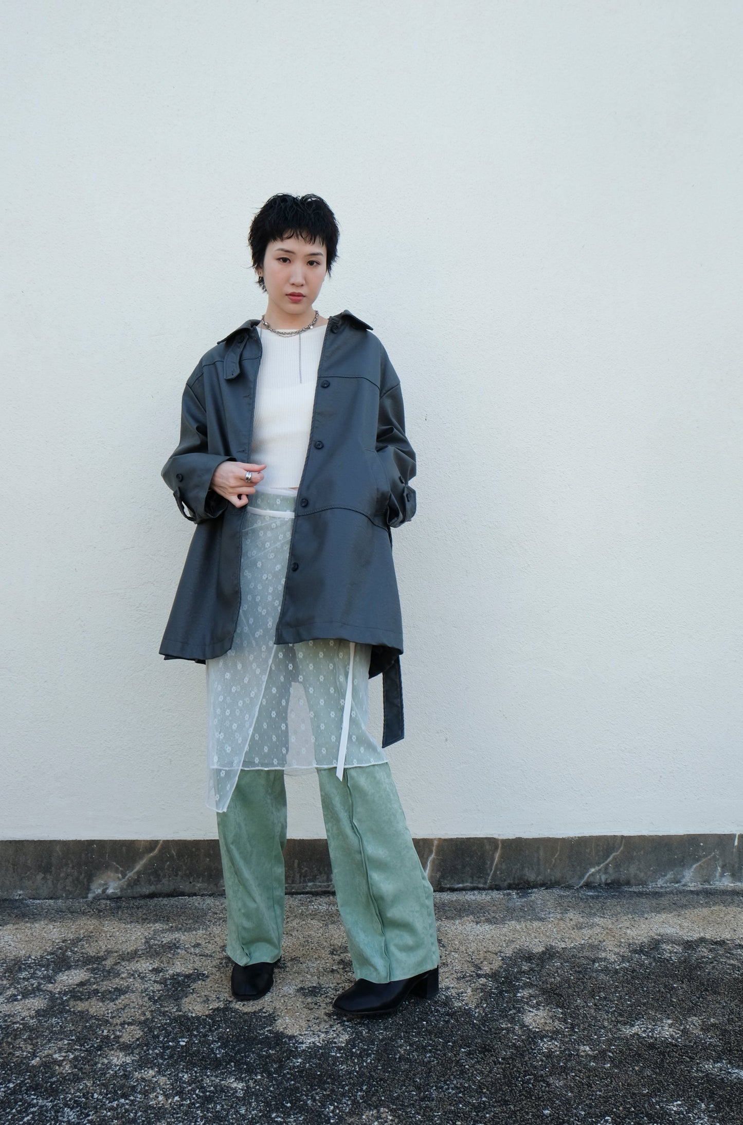 Faux Leather Trench Coat (Grey)