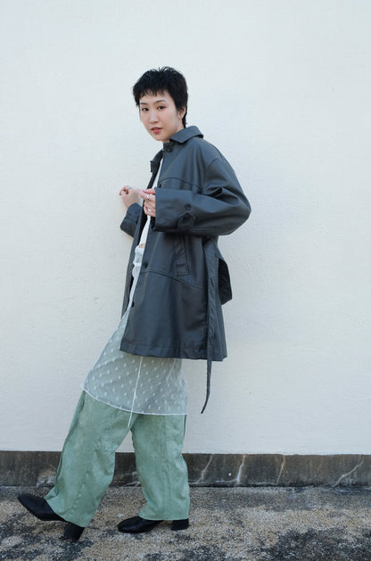 Faux Leather Trench Coat (Grey)