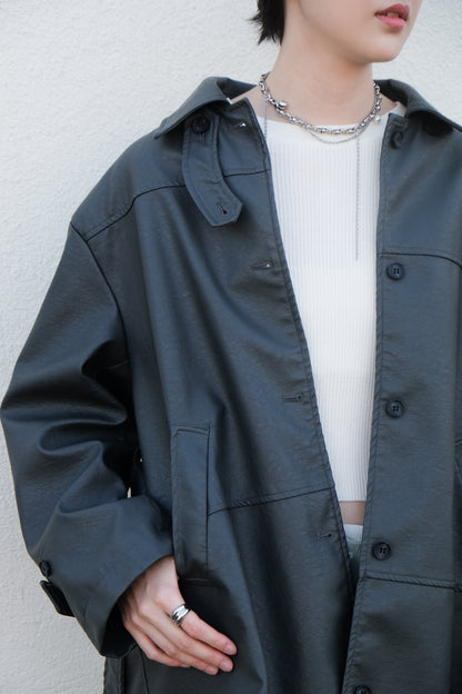 Faux Leather Trench Coat (Grey)