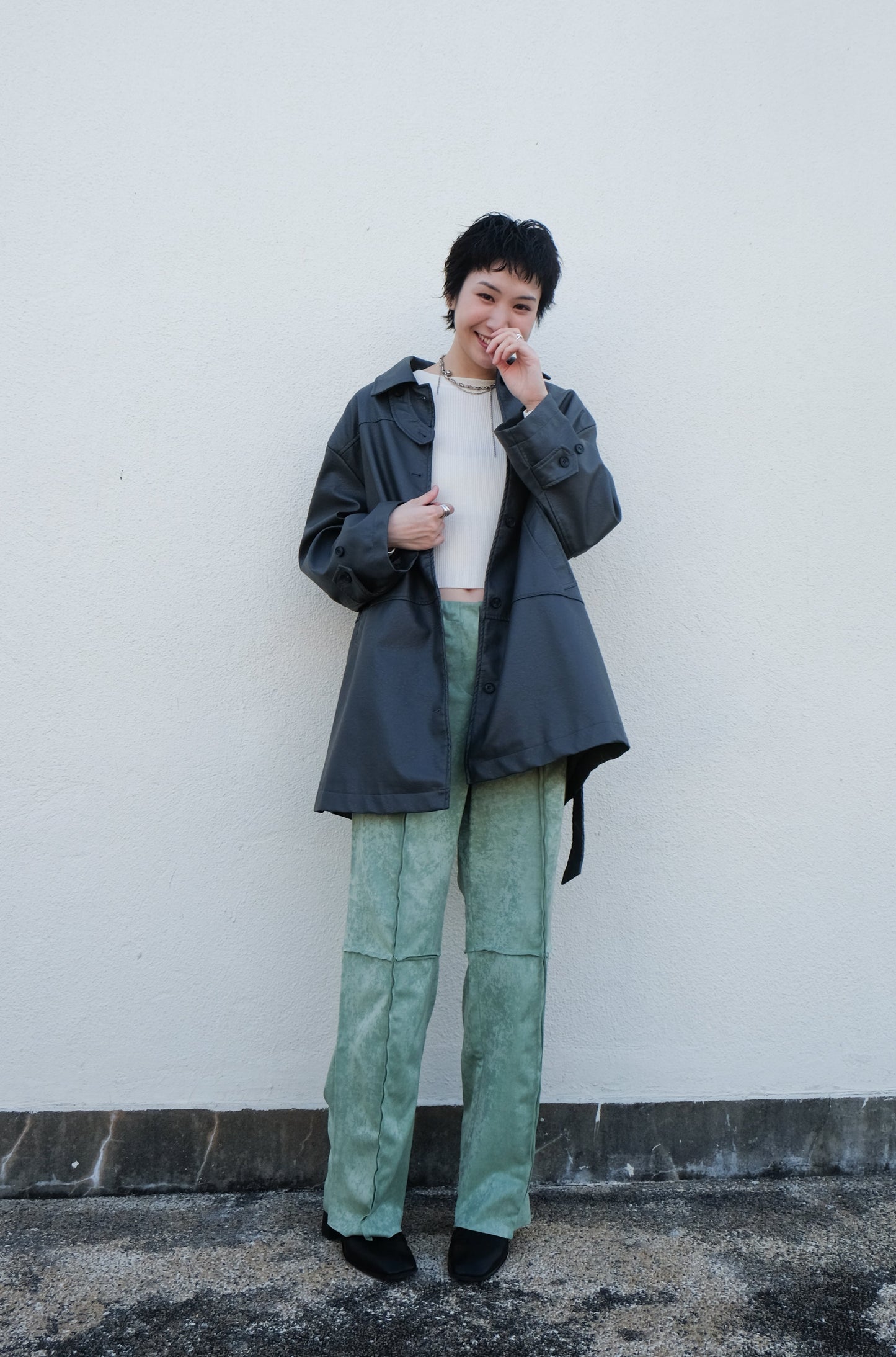 Faux Leather Trench Coat (Grey)
