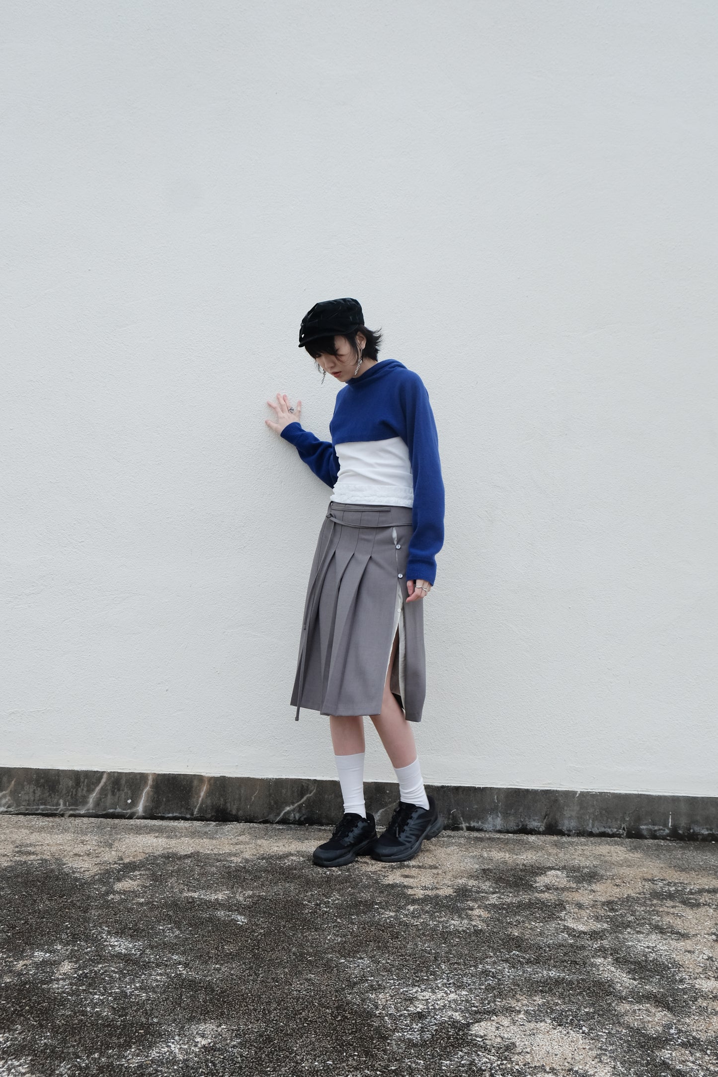 ✨推！"Winona" Double-layer Slit & Pleated Skirt (Grey)