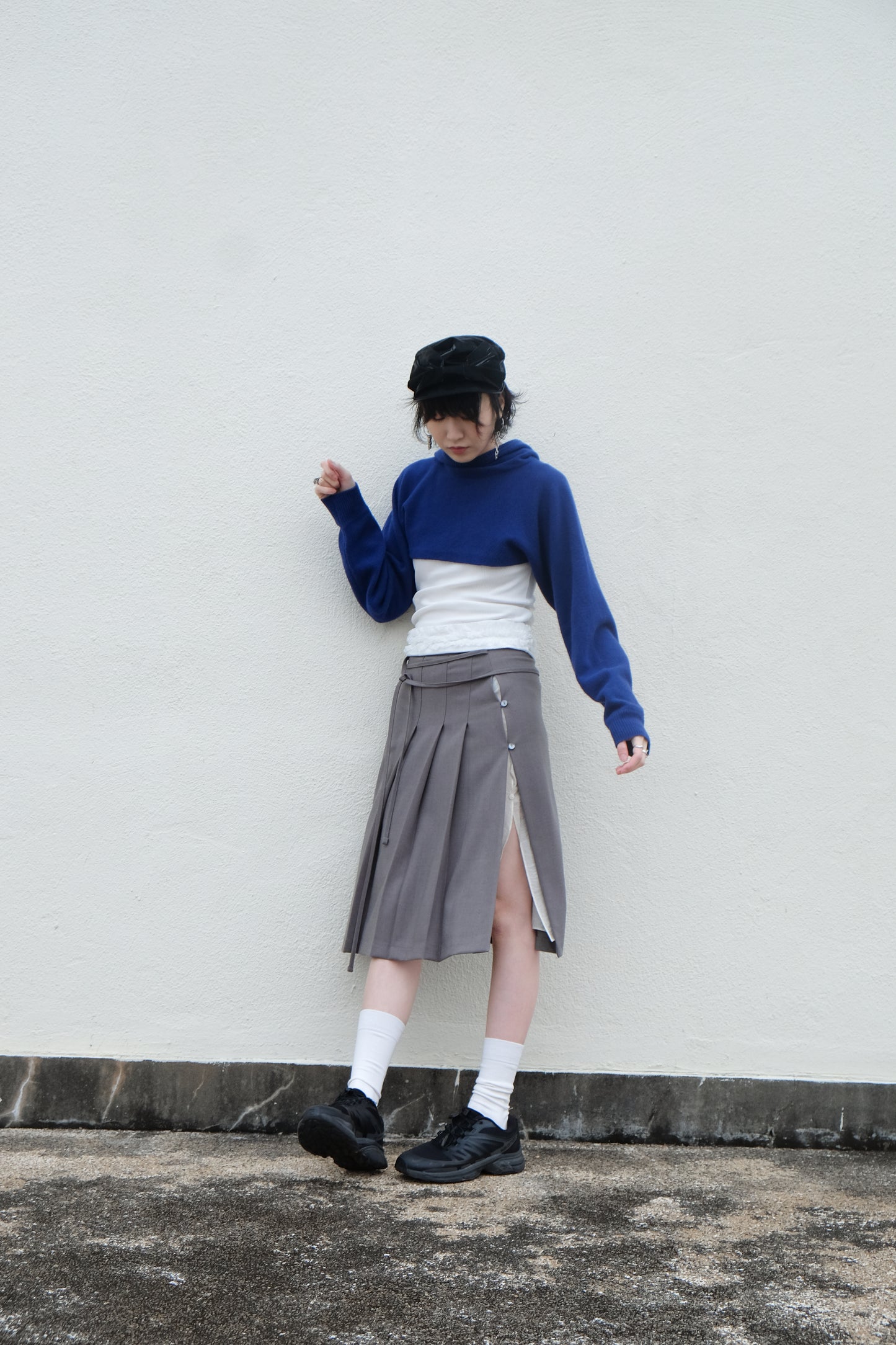 ✨推！"Winona" Double-layer Slit & Pleated Skirt (Grey)