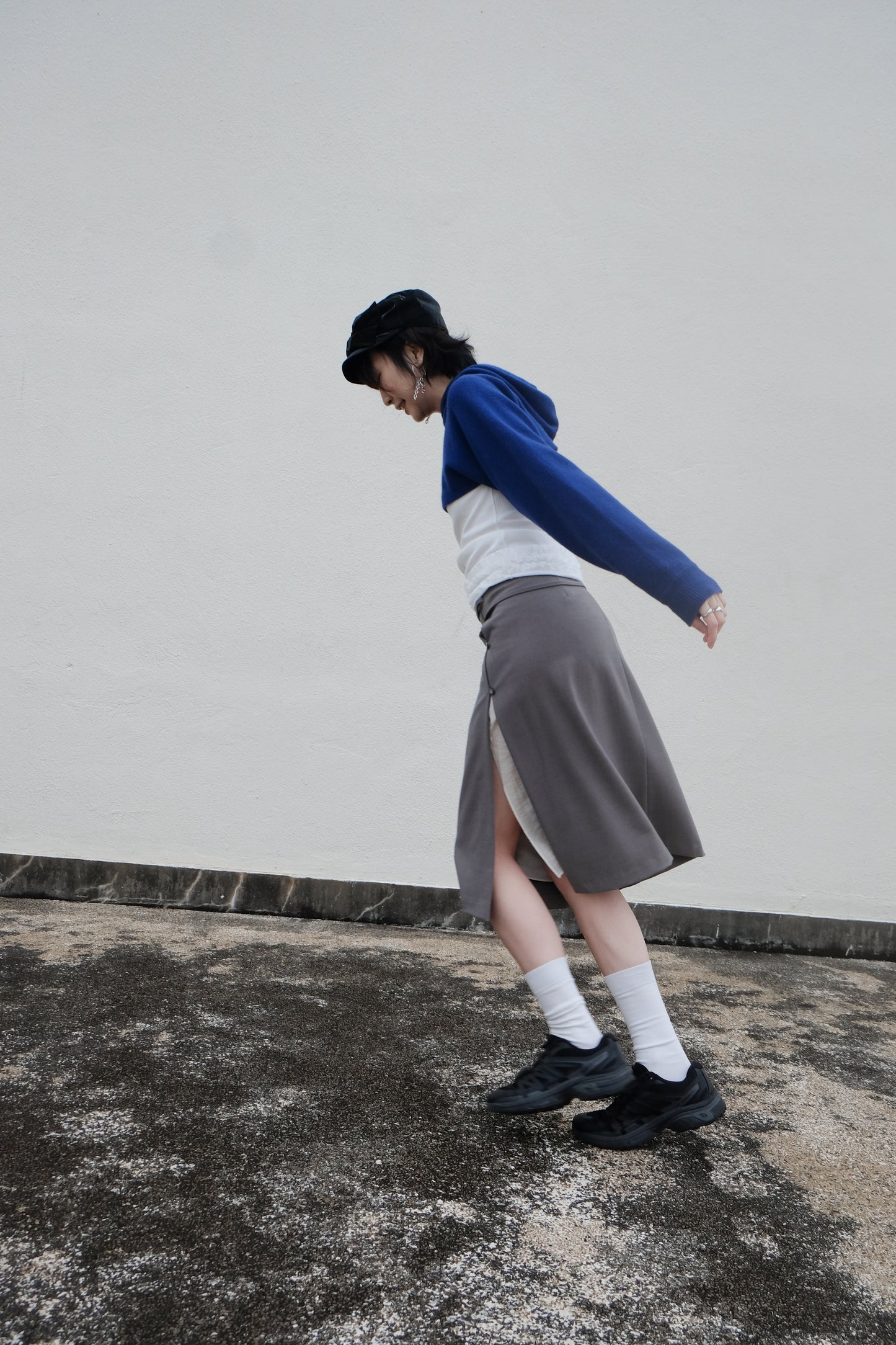 ✨推！"Winona" Double-layer Slit & Pleated Skirt (Grey)