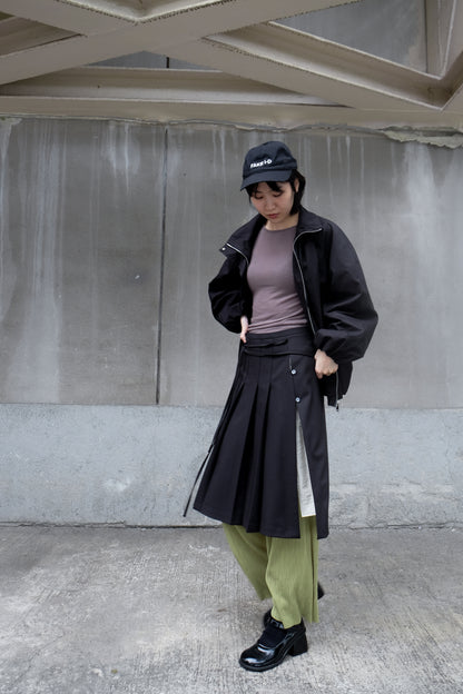 ✨推！"Winona" Double-layer Slit & Pleated Skirt (Black)