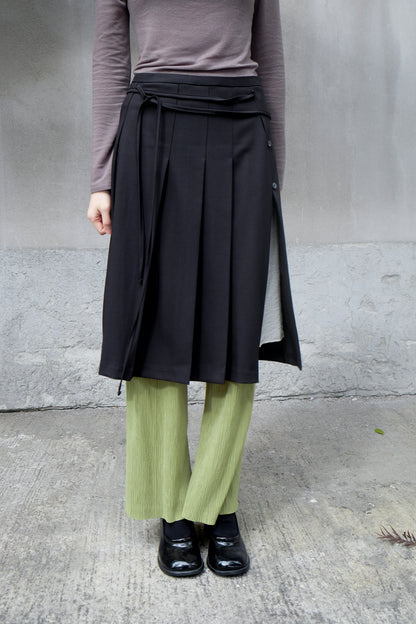 ✨推！"Winona" Double-layer Slit & Pleated Skirt (Black)