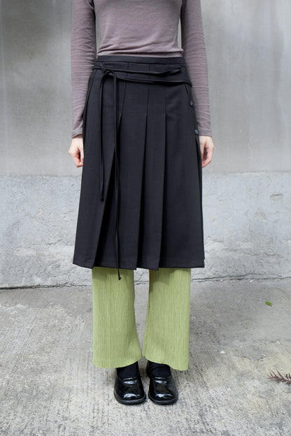 ✨推！"Winona" Double-layer Slit & Pleated Skirt (Black)
