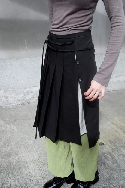✨推！"Winona" Double-layer Slit & Pleated Skirt (Black)