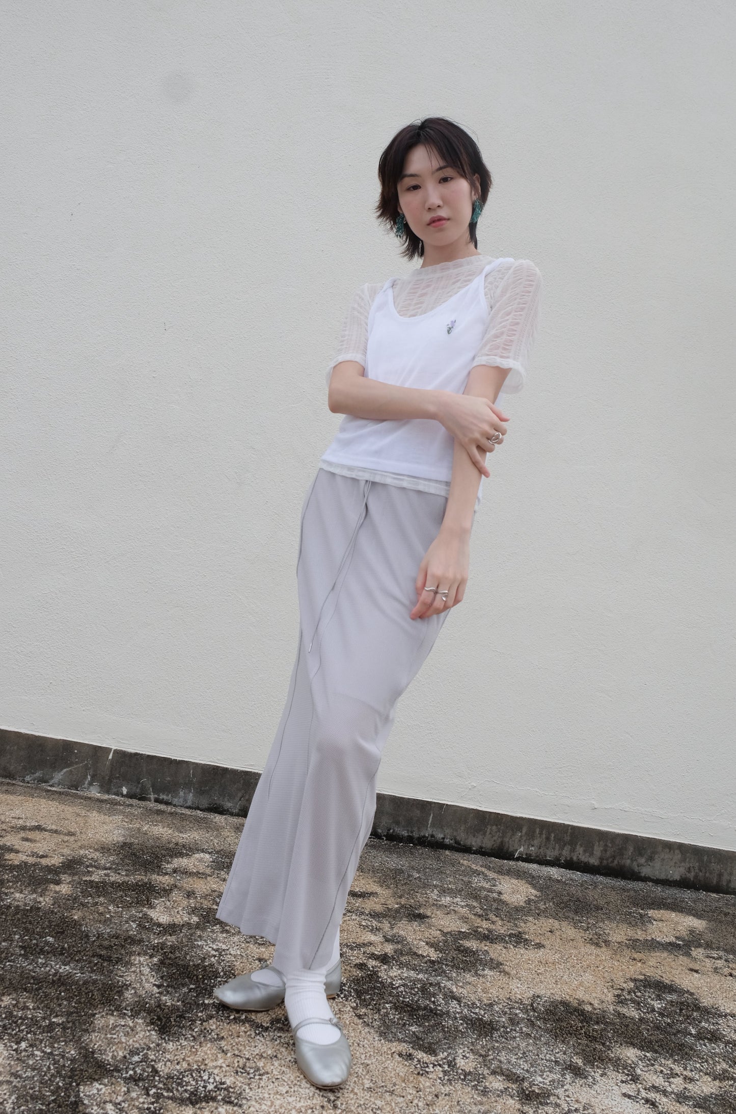 ✨推！Flower Embroidery Mesh Tank Top (White)