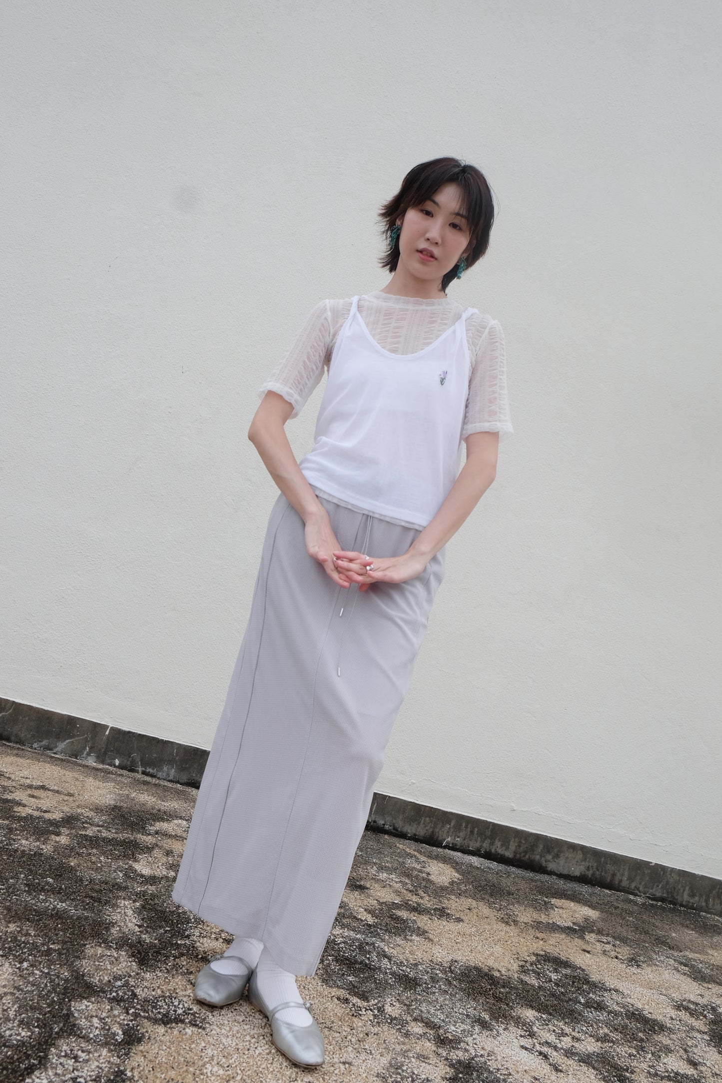 ✨推！Flower Embroidery Mesh Tank Top (White)