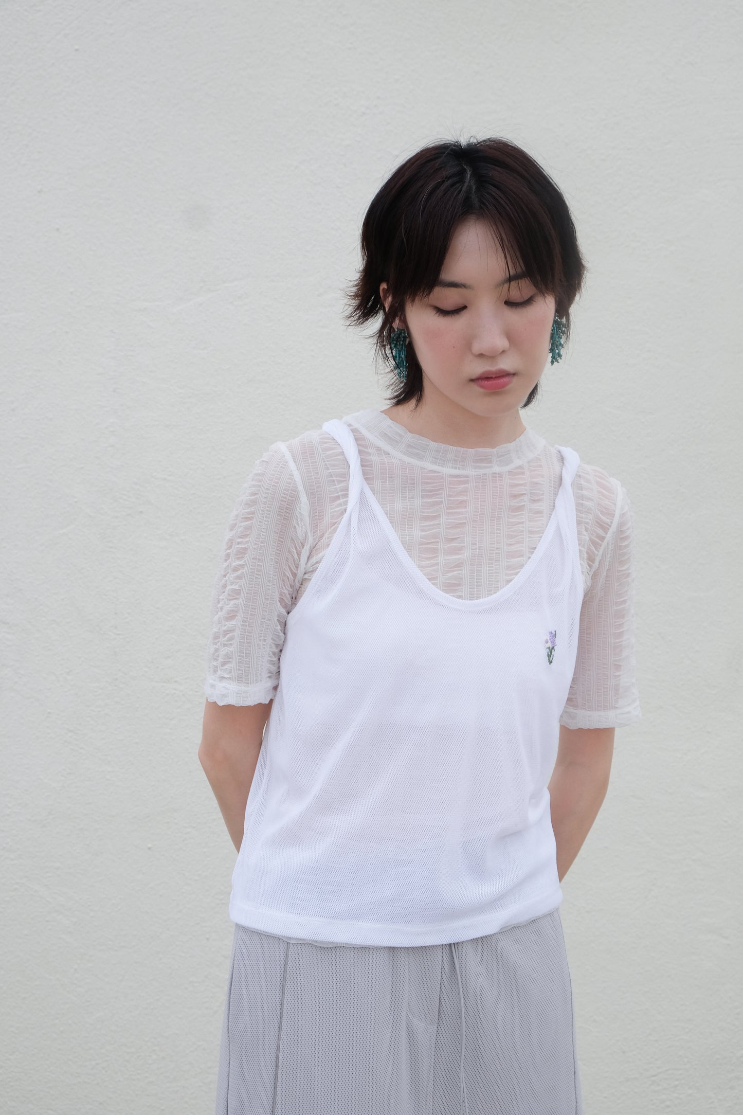 ✨推！Flower Embroidery Mesh Tank Top (White)