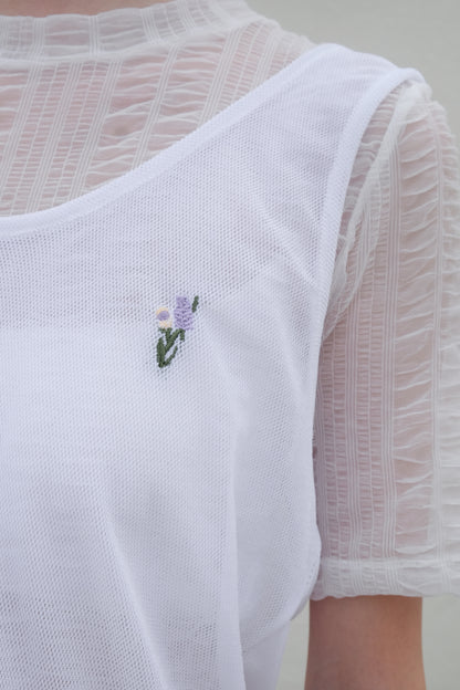 ✨推！Flower Embroidery Mesh Tank Top (White)