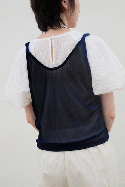 ✨推！Flower Embroidery Mesh Tank Top (Navy)