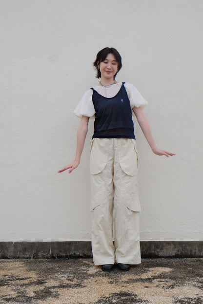 ✨推！Flower Embroidery Mesh Tank Top (Navy)