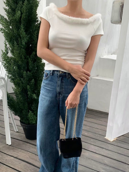 “La Belle" Furry Round Neck Tee (Ivory)