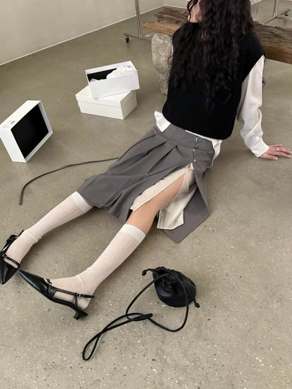 ✨推！"Winona" Double-layer Slit & Pleated Skirt (Grey)