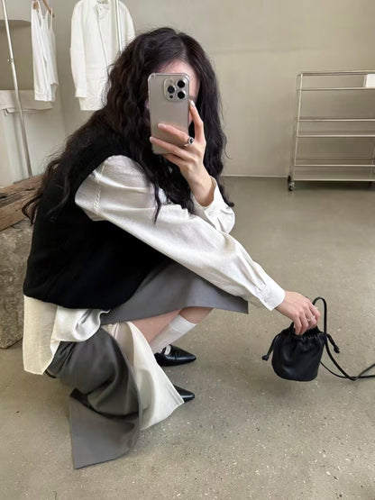✨推！"Winona" Double-layer Slit & Pleated Skirt (Grey)