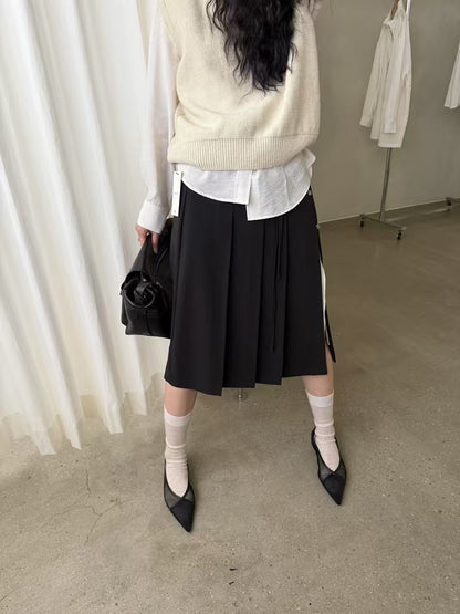 ✨推！"Winona" Double-layer Slit & Pleated Skirt (Black)