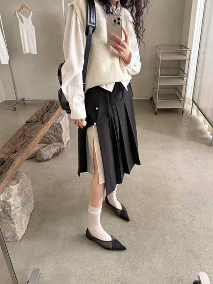 ✨推！"Winona" Double-layer Slit & Pleated Skirt (Black)