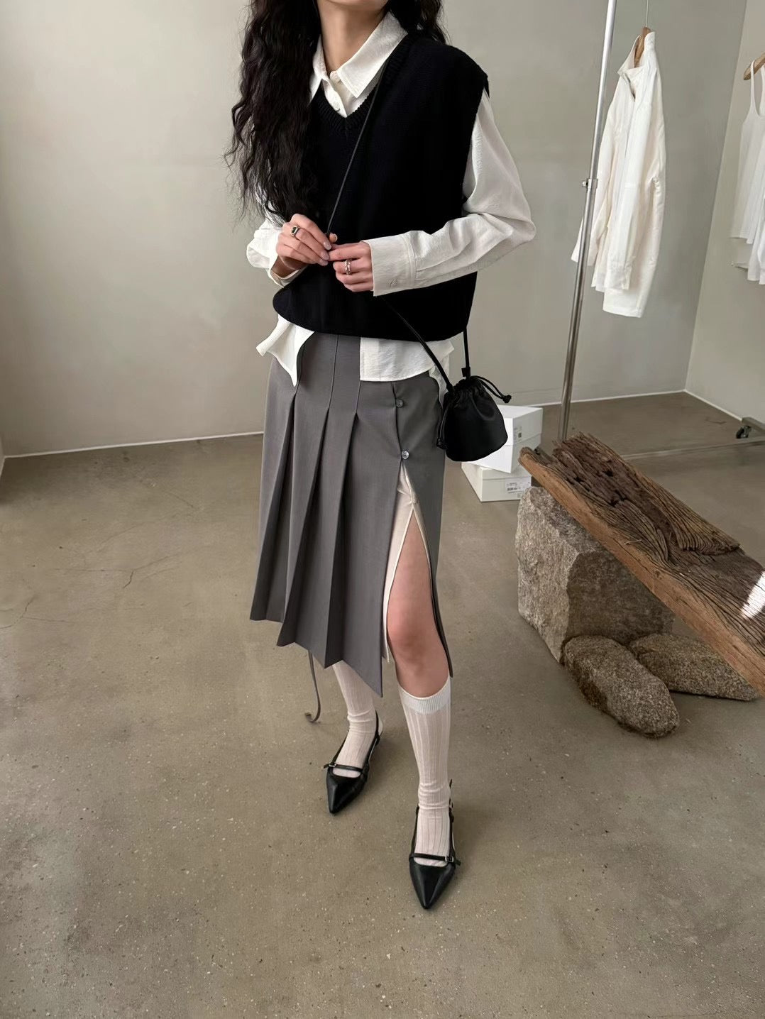 ✨推！"Winona" Double-layer Slit & Pleated Skirt (Grey)