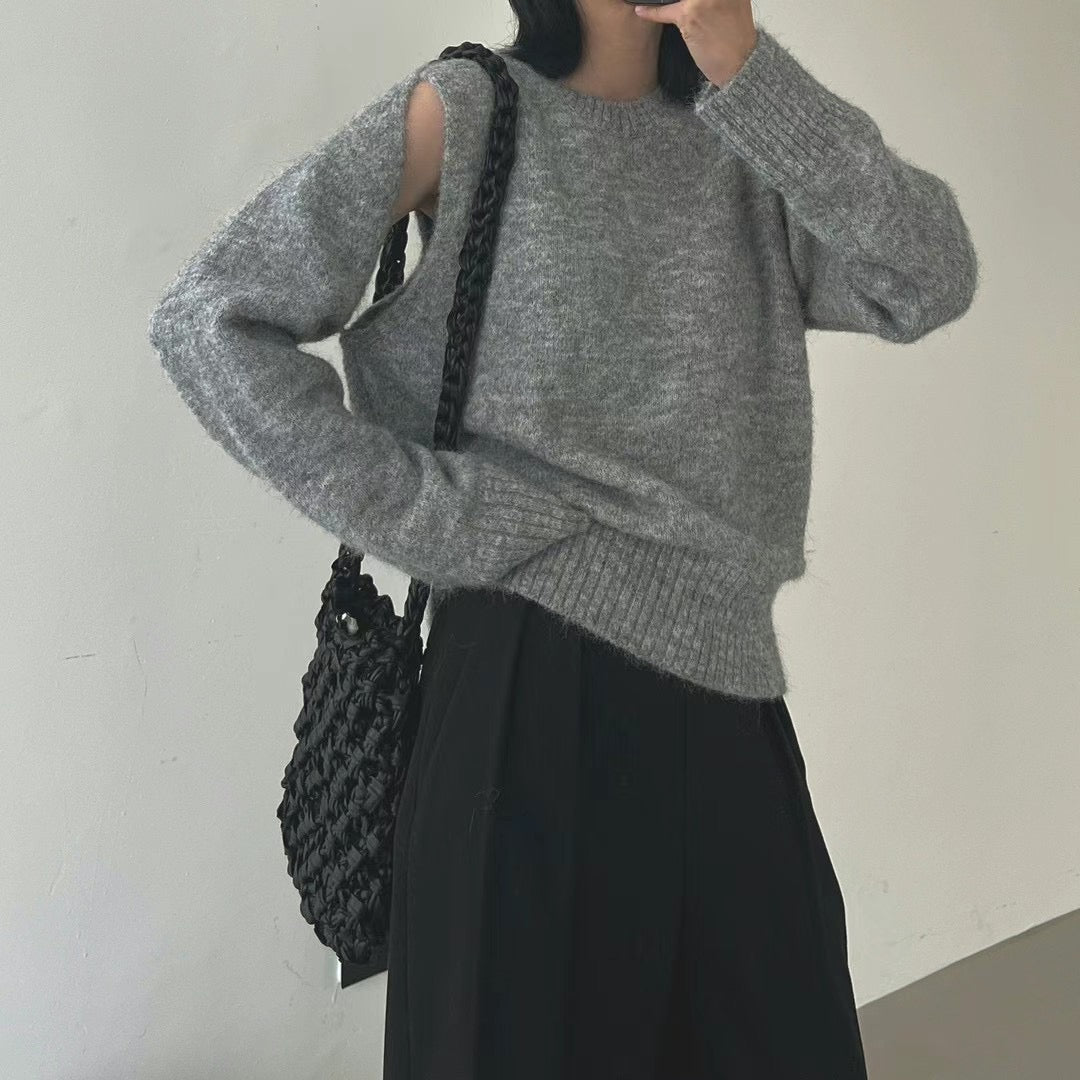 Cut-out Flexible Shoulder Sweater (Grey)