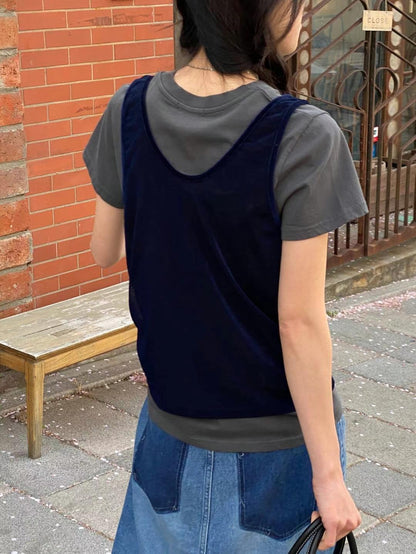 ✨推！Flower Embroidery Mesh Tank Top (Navy)