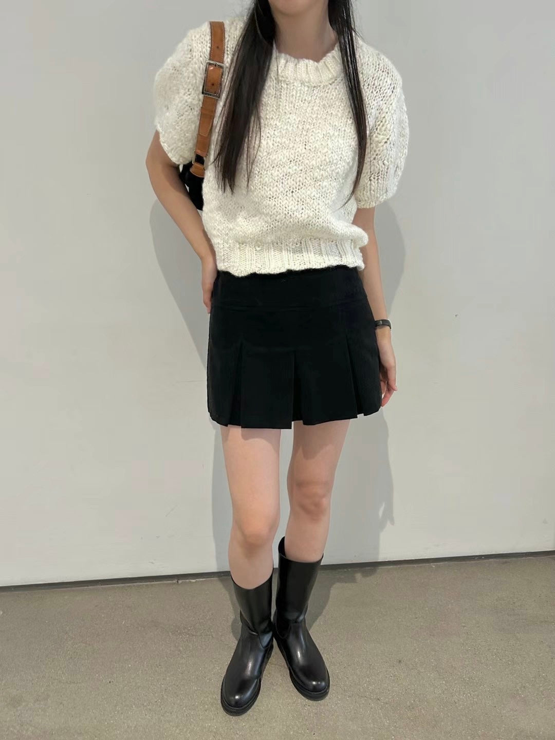 Double-layer Pleated Tennis Skorts (Black/ Camel)