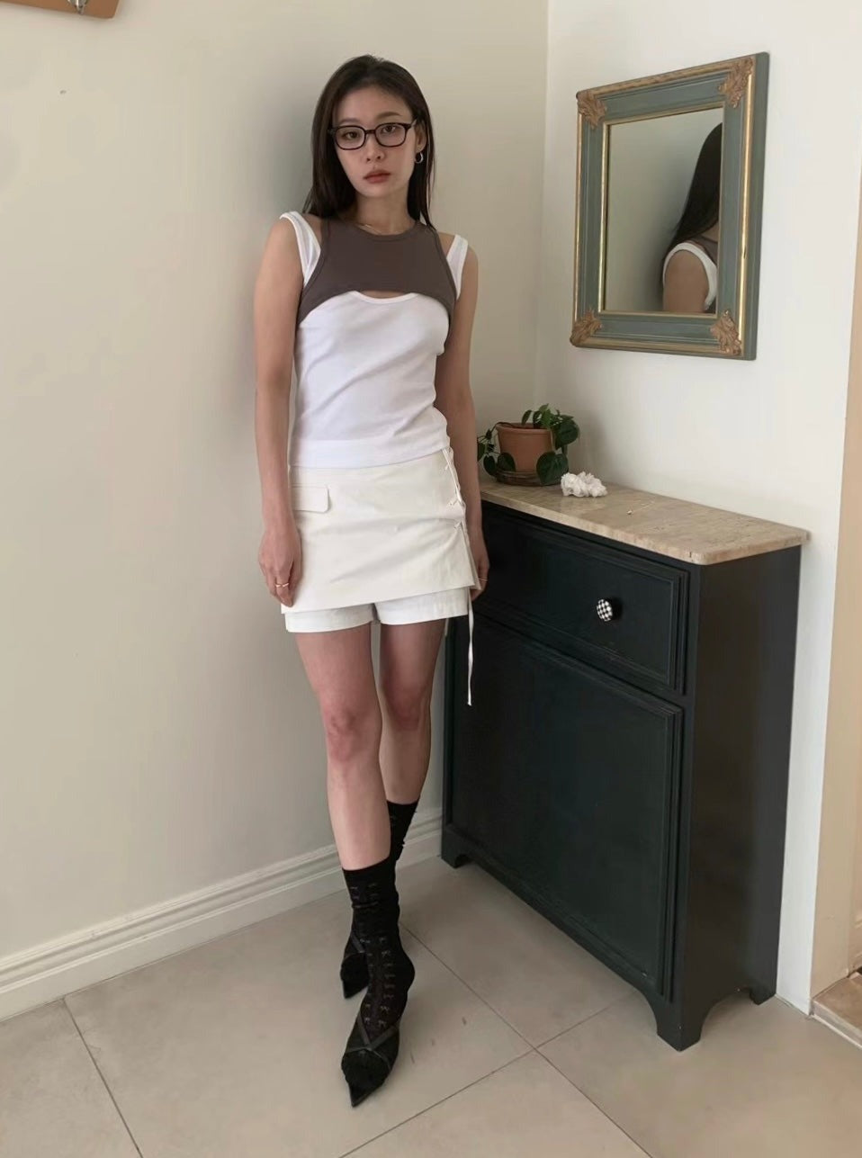 ✨推！"Lipa" Lace-up Layered Skorts (Ivory)