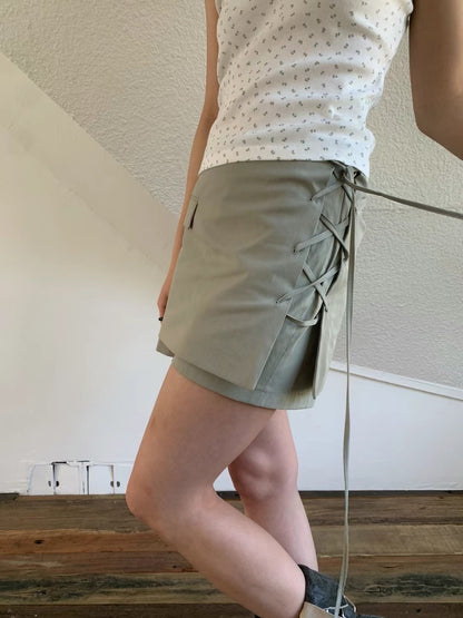 ✨推！"Lipa" Lace-up Layered Skorts (Army Green)