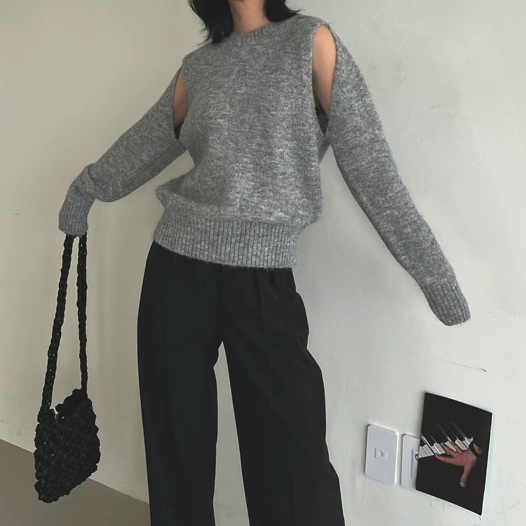 Cut-out Flexible Shoulder Sweater (Grey)
