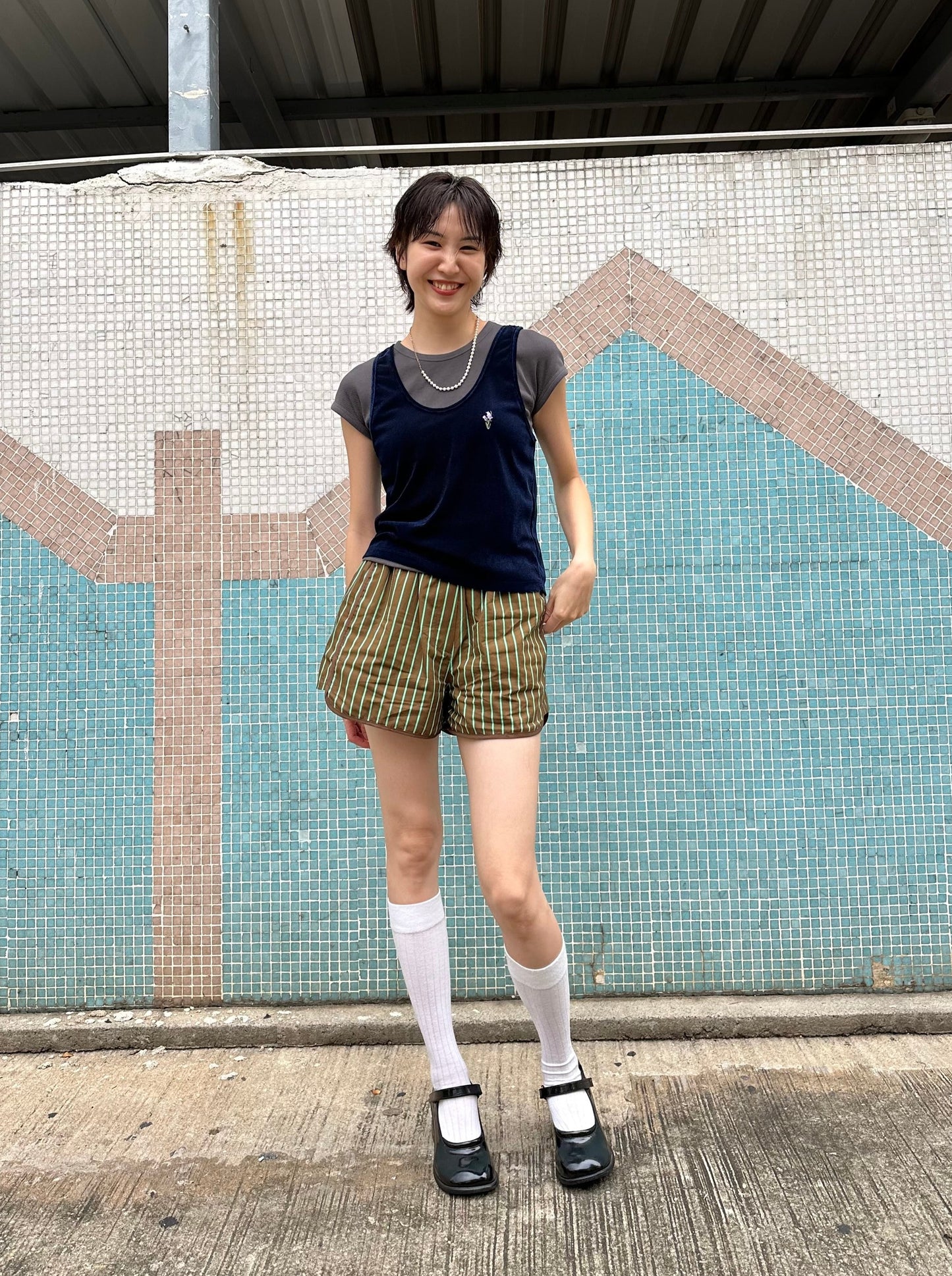 ✨推！Flower Embroidery Mesh Tank Top (Navy)