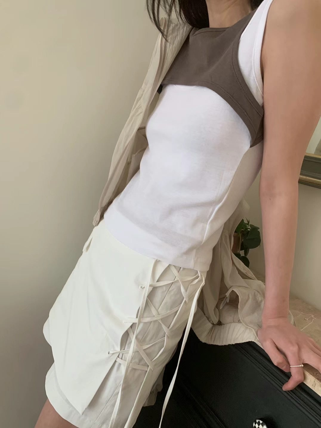 ✨推！"Lipa" Lace-up Layered Skorts (Ivory)