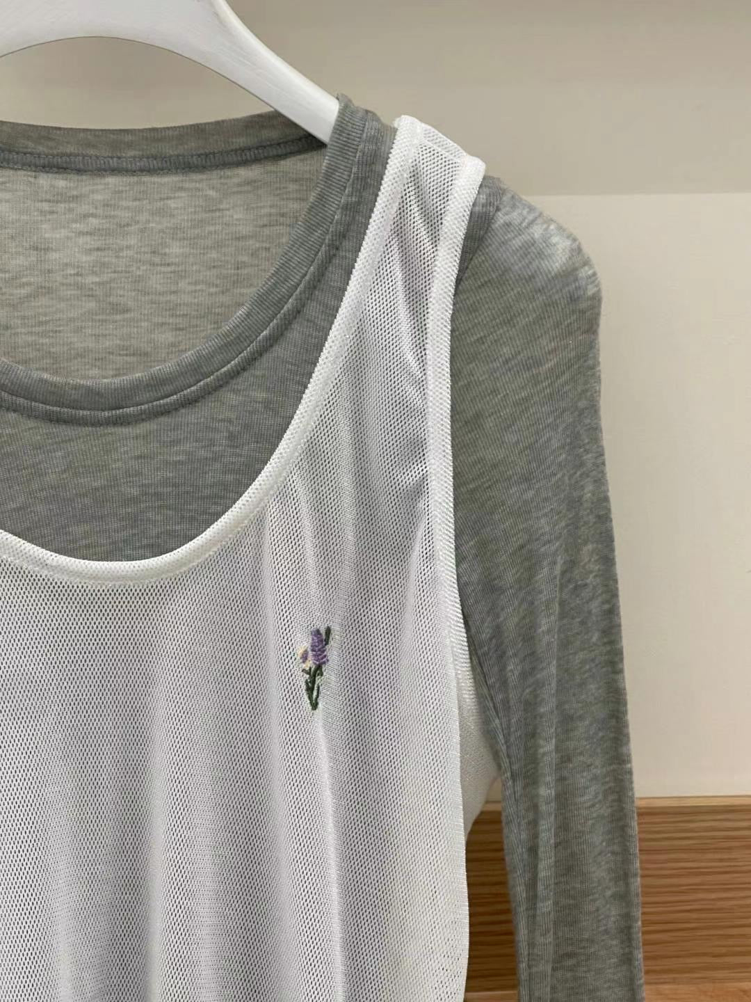 ✨推！Flower Embroidery Mesh Tank Top (White)