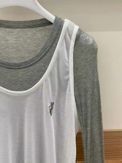 ✨推！Flower Embroidery Mesh Tank Top (White)