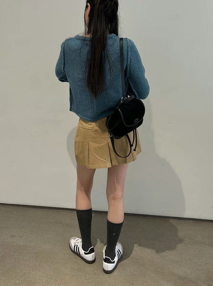 Double-layer Pleated Tennis Skorts (Black/ Camel)