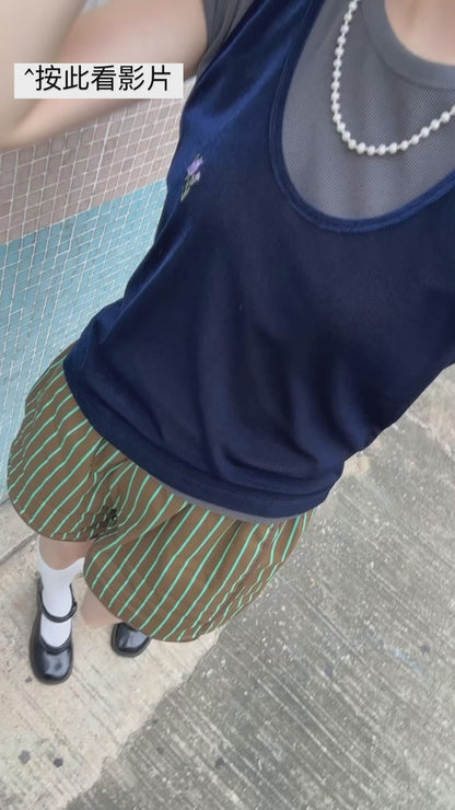 ✨推！Flower Embroidery Mesh Tank Top (Navy)